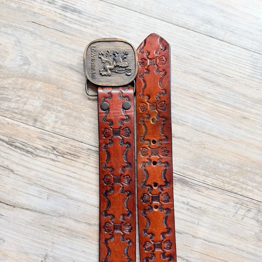 Vintage Lowenbrau Beer Leather Belt Size 36 Embossed Western Brass Buckle Miller